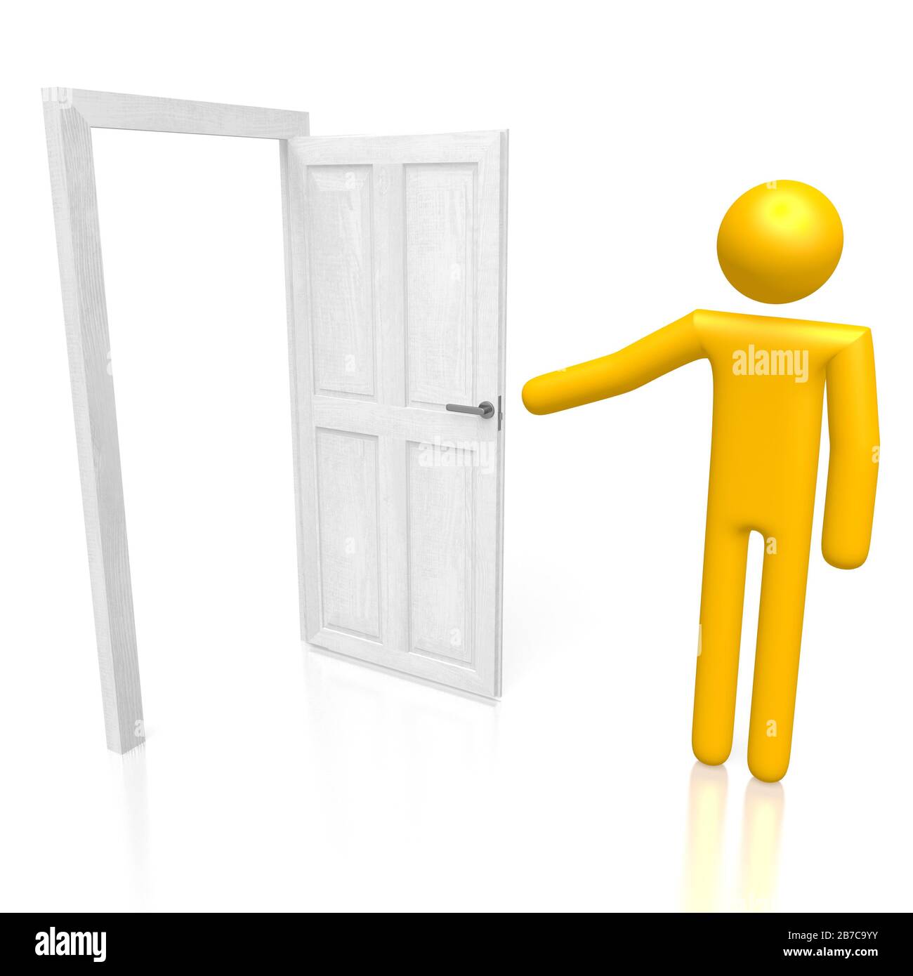 3D-Cartoon-Charakter öffnet eine Tür Stockfoto