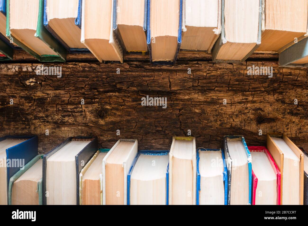 Vintage-Bücher und Platz für Text auf Holzhintergrund Stockfoto