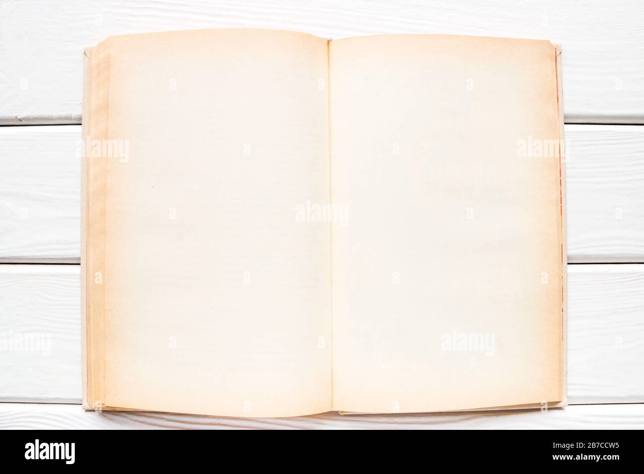 Öffnen Sie das Vintage-Buch mit leeren Seiten und Leerzeichen für Text Stockfoto