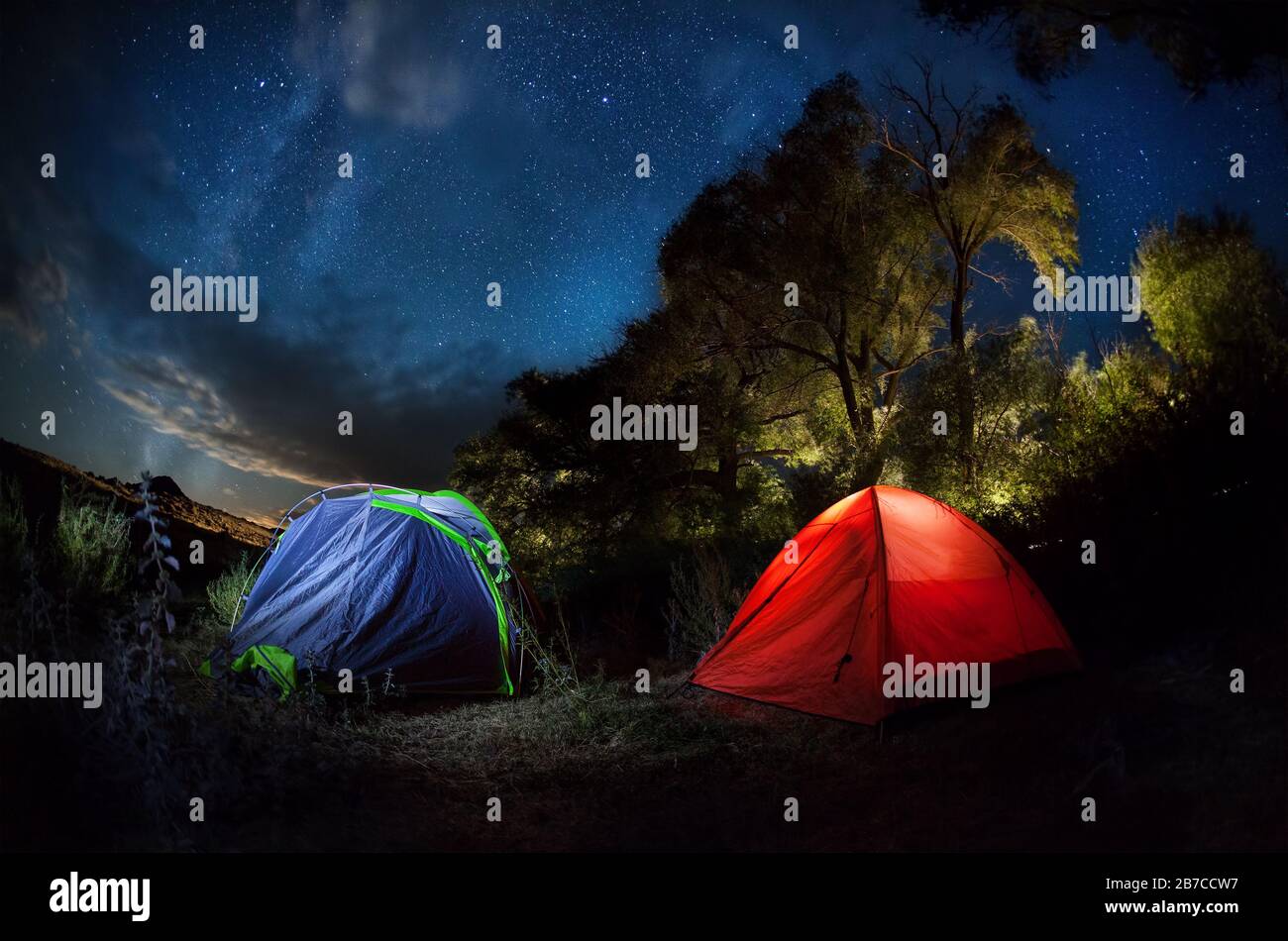 Zelt im Wald mit Sternenhimmel Stockfoto