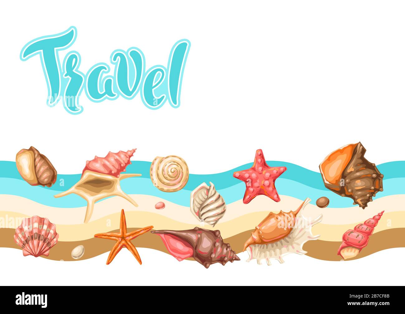 Hintergrund mit Muscheln. Tropische Weichtierschalen unter Wasser. Stock Vektor