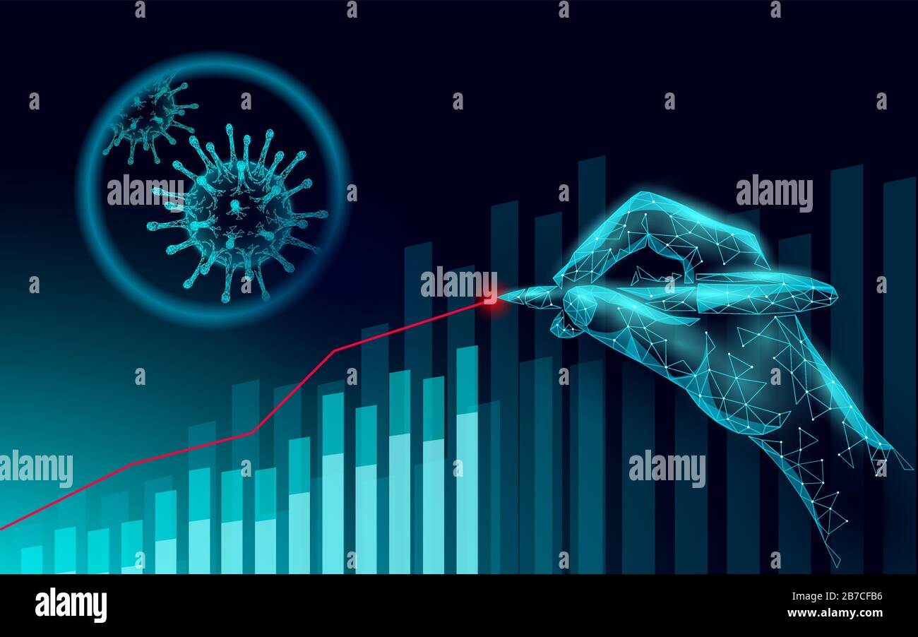 Die Zahl der Coronavirus-Statistiken wird größer. Infektionsgefahr durch Pneumonie. 3D-Handpunkt, niedrige Poly. Internationales Design. Gegen Virus-Epidemie-Vektor Stock Vektor