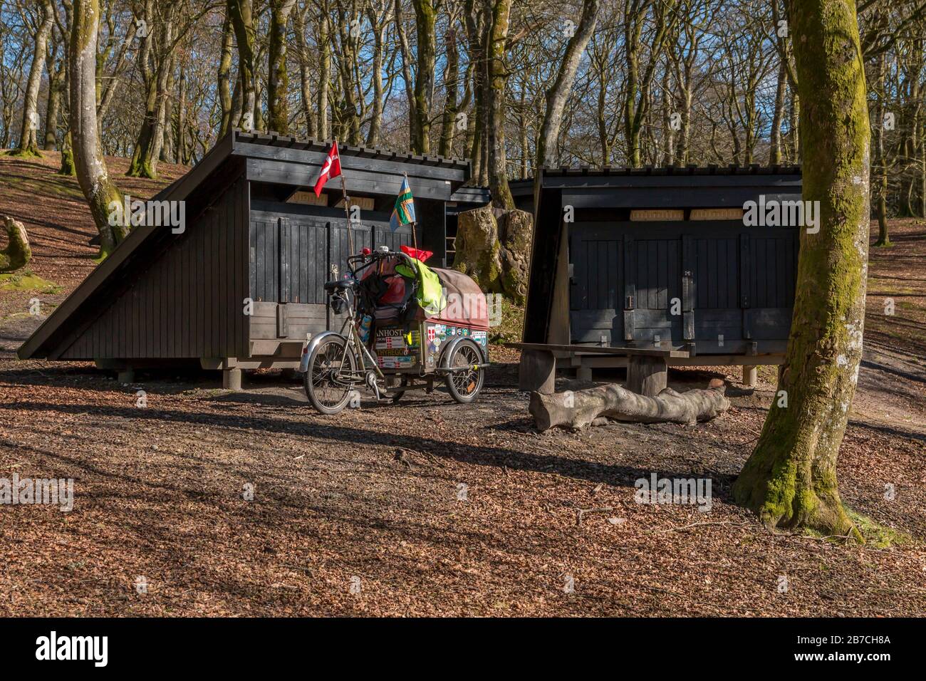 Schwarze Schutzräume befinden sich im Wald, das Fahrrad eines obdachlosen Mannes steht vor einem Schutzhaus. Dänische und schwedische Flagge, schöne Bäume mit grünem Moos Stockfoto