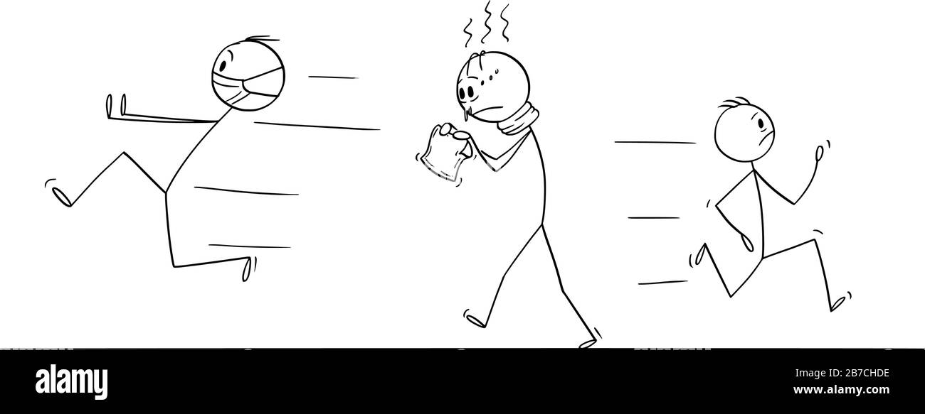 Vector Cartoon Stick Figur Zeichnung konzeptionelle Illustration von kranken Menschen mit Grippe oder Coronavirus Kovid 19 Infektion auf der Straße, während andere Menschen Angst davor haben, sich infizieren zu müssen. Stock Vektor