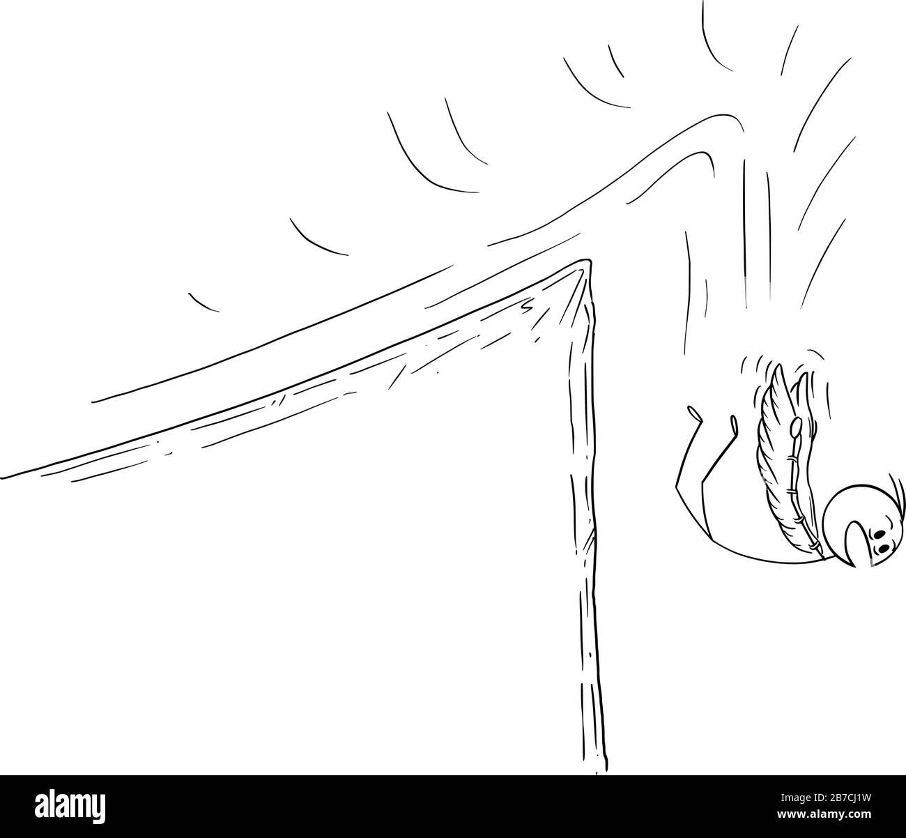 Vector Cartoon Stick Figure Zeichnung konzeptuelle Illustration von Mann oder Geschäftsmann versucht, mit Flügeln zu fliegen, aber von einer Klippe zu fallen. Geschäftskonzept von Erfolg und Misserfolg. Stock Vektor