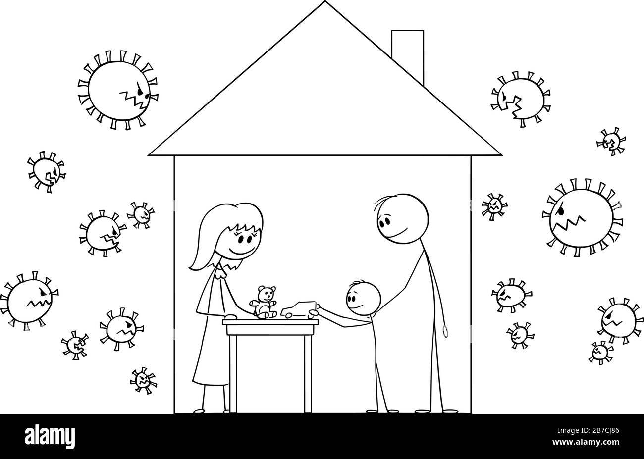 Vector Cartoon Stick Figur Zeichnung konzeptionelle Illustration der glücklichen Familie von Mutter, Vater und Kind, die im Haus der Familie wohnen, sicher vor Coronavirus Kovid-19-Infektion. Stock Vektor