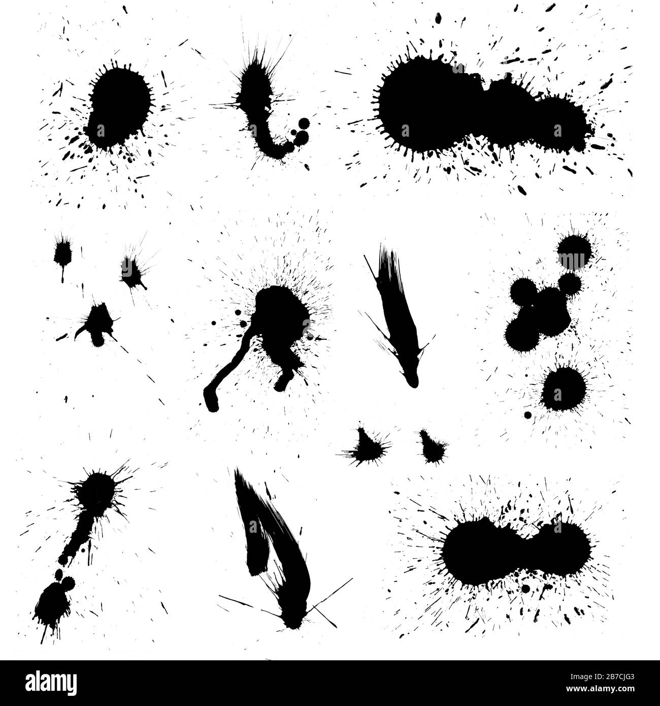 Set mit schwarzen Tintenflecken, isoliert auf weißem Hintergrund Stockfoto