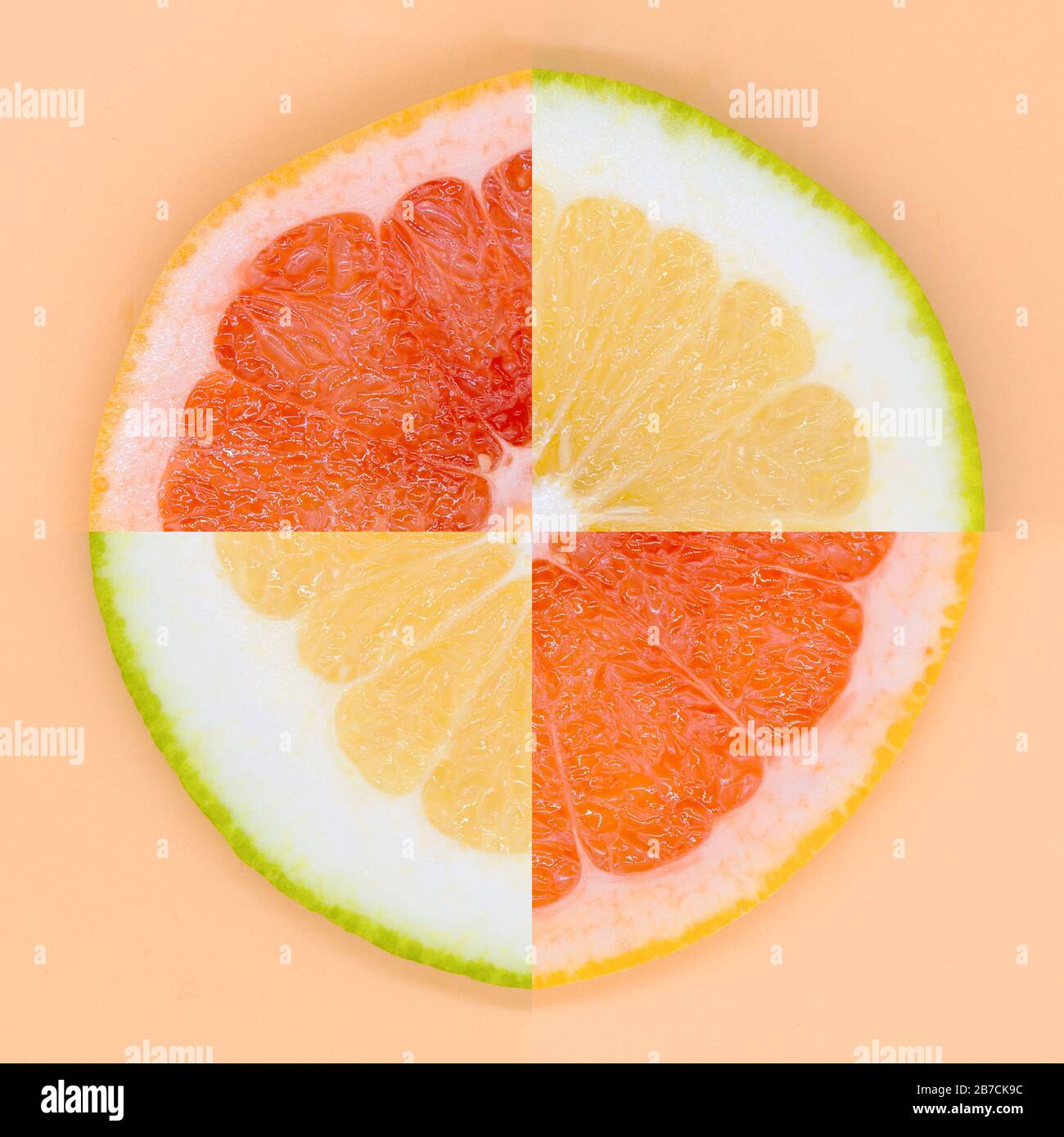 Vier Viertel Grapefruit und Sweety auf verschiedenen farbigen Hintergründen angeordnet Stockfoto