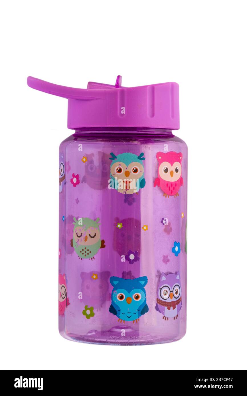 Gut gebrauchte Babytrinkflasche Eulendesign BPA frei isoliert auf weißem Hintergrund Stockfoto