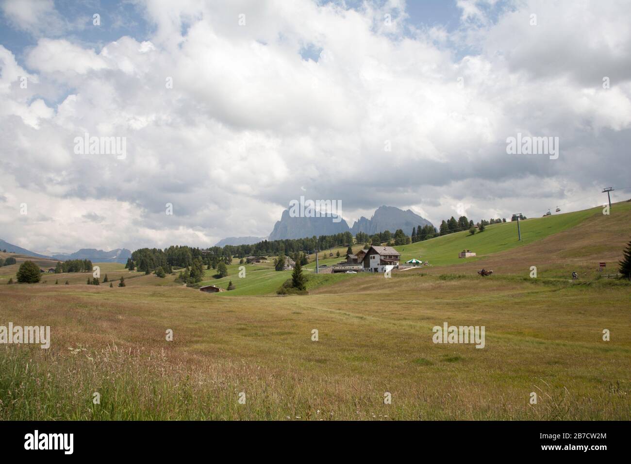 Heuwiesen und Wege das Dorf Kompatsch Seiser Alm oberhalb des Grödner Sommers die Dolomiten Südtirol Italien Stockfoto