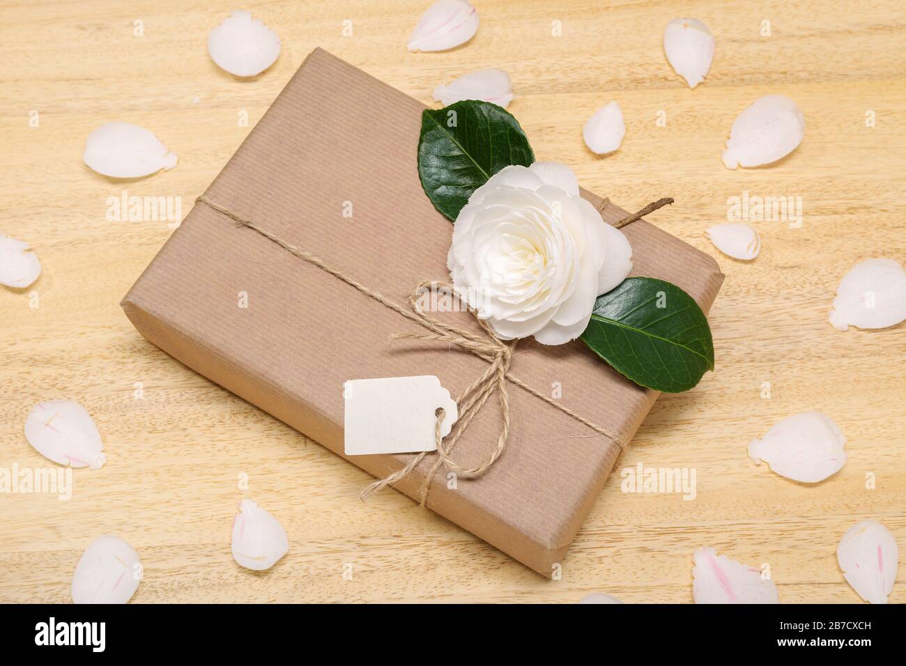 Geschenkschachtel mit leerem Etikett und Blume. Feier- oder Präsent Konzept Stockfoto