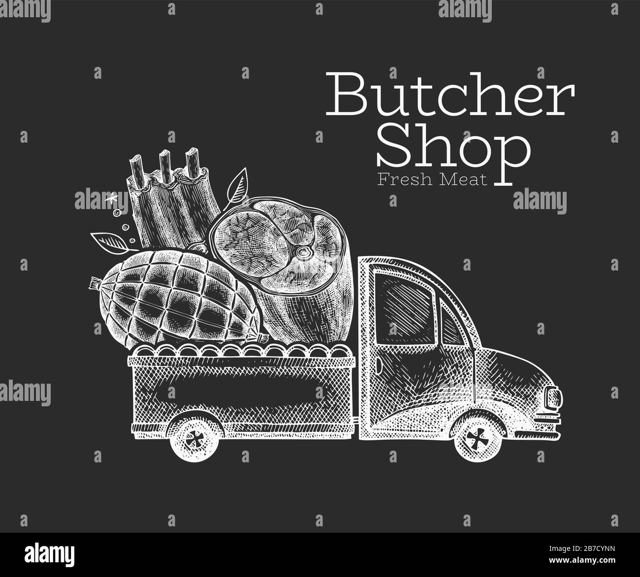 Metzgerei Lieferung logo Vorlage. Hand vector Truck mit Fleisch Abbildung gezeichnet. Graviert style vintage Food Design. Stock Vektor