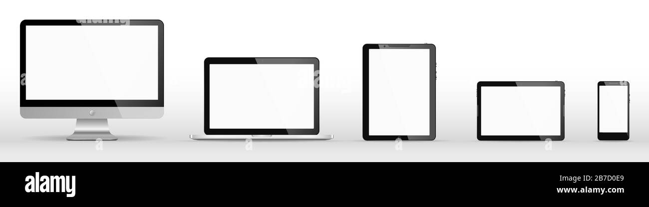 Satz moderner Geräte. Vektorgrafiken moderner Monitore, Computer, Laptops, Telefone und Tablets. Realistische Gadgets isoliert. Stock Vektor