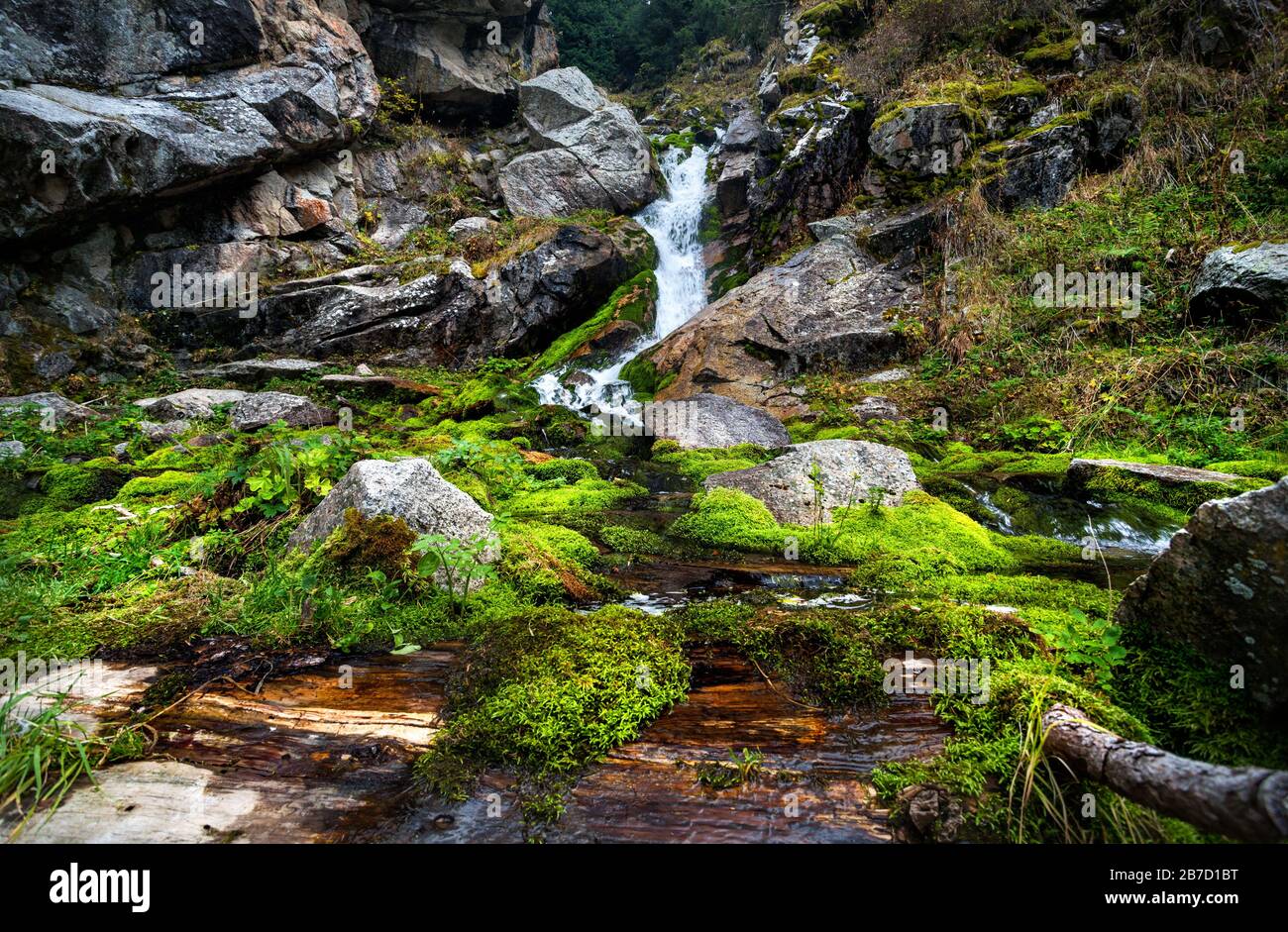 Wasserfall und Stein mit Moos im Bergwald in Kasachstan, Zentralasien Stockfoto