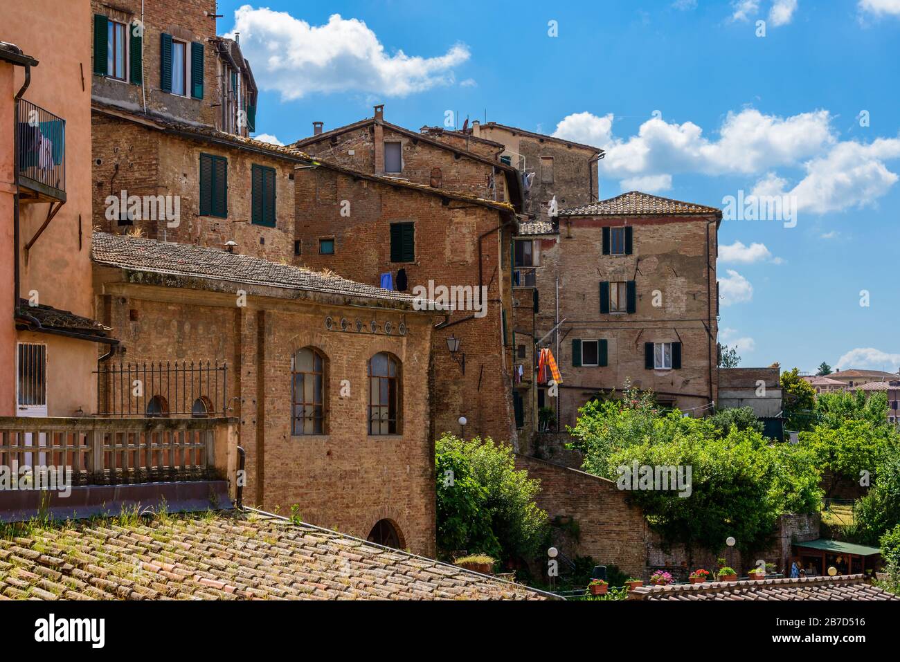 Rückseiten von charakteristischen lokalen Häusern mit rückengärtendem Garten im historischen Zentrum von Siena, Toskana, Italien, im Juni. Stockfoto