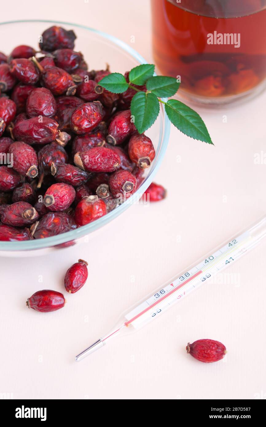 Traditionelles Fieber Heilmittel Rosehip Tee mit getrockneten Rosehip Beeren in Schüssel und Thermometer Stockfoto