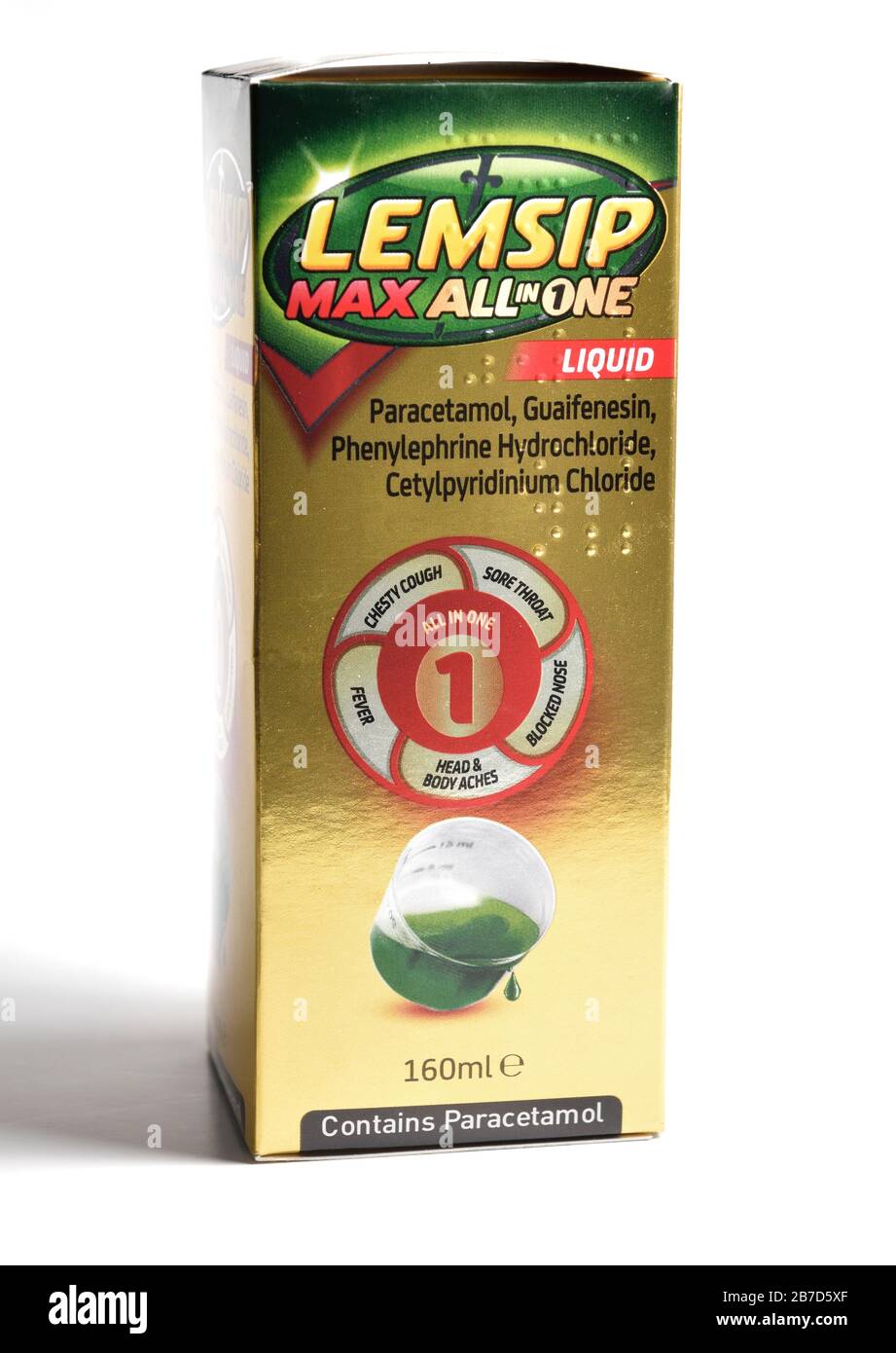 Lemsip max, alles in einer Flüssigkeit, enthält Paracetamol, 160 ml, Einzelhandelspaket Stockfoto