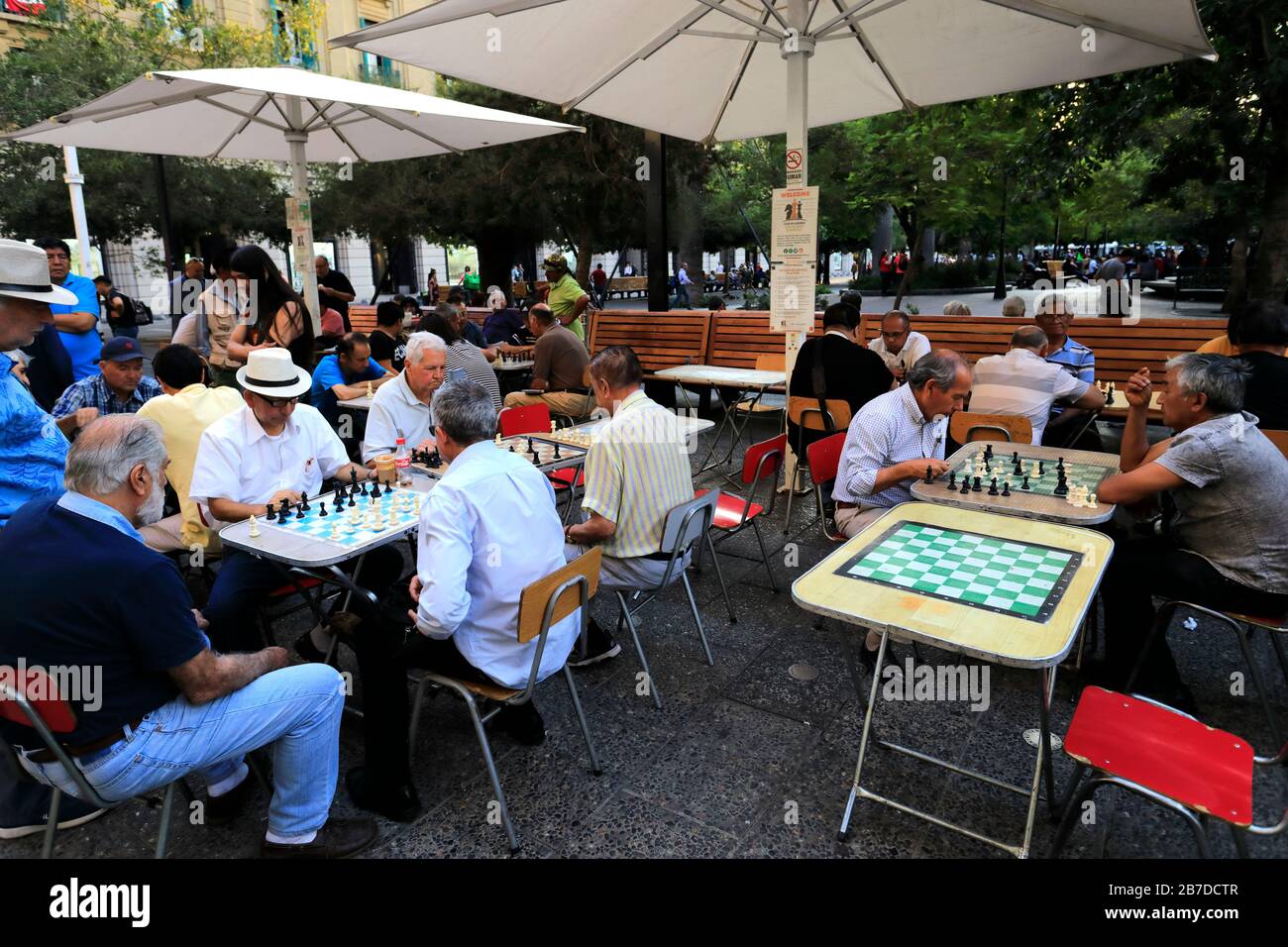 Leute, die Schach auf der Plaza de Armas, Metropolitan Region, Santiago City, Chile spielen Stockfoto