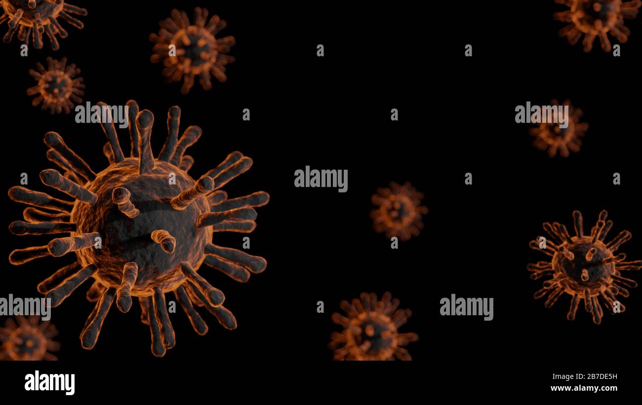 Abbildung: Corona-Viren, Kovid 19 auf schwarzem Hintergrund. Ansteckung und Vermehrung einer Krankheit. 3D-Abbildung. Stockfoto