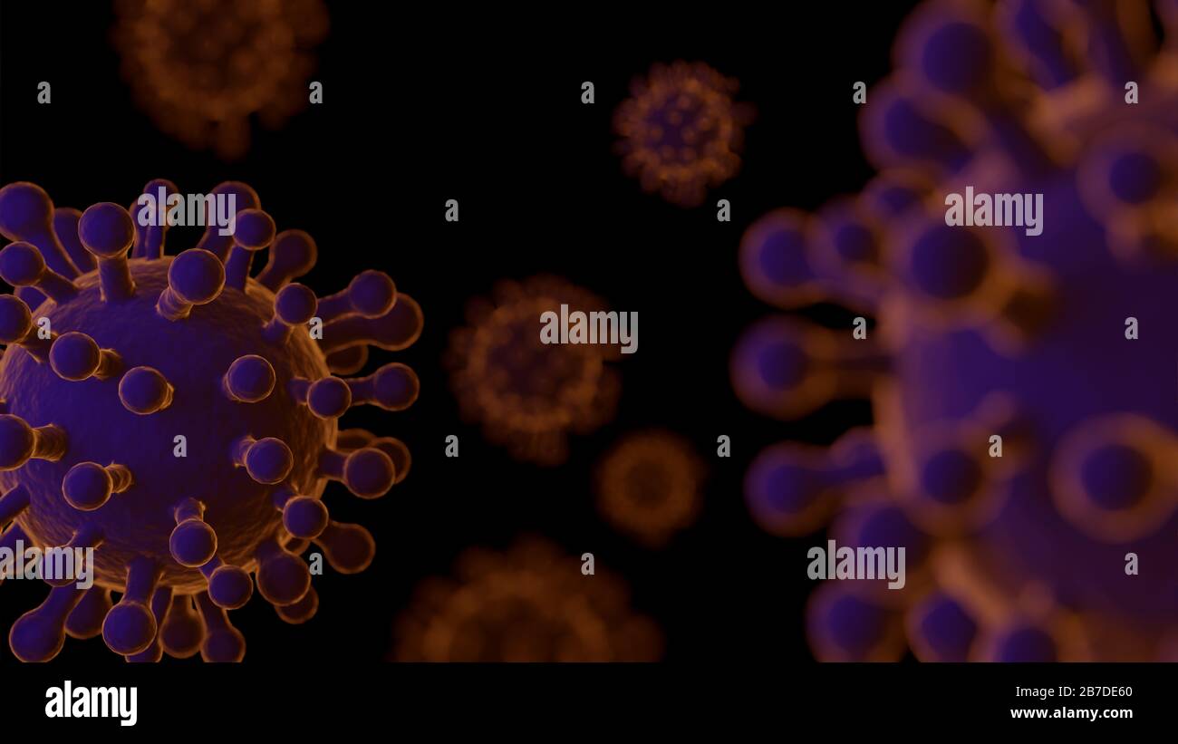 Abbildung: Corona-Viren, Kovid 19 auf schwarzem Hintergrund. Ansteckung und Vermehrung einer Krankheit. 3D-Abbildung. Stockfoto