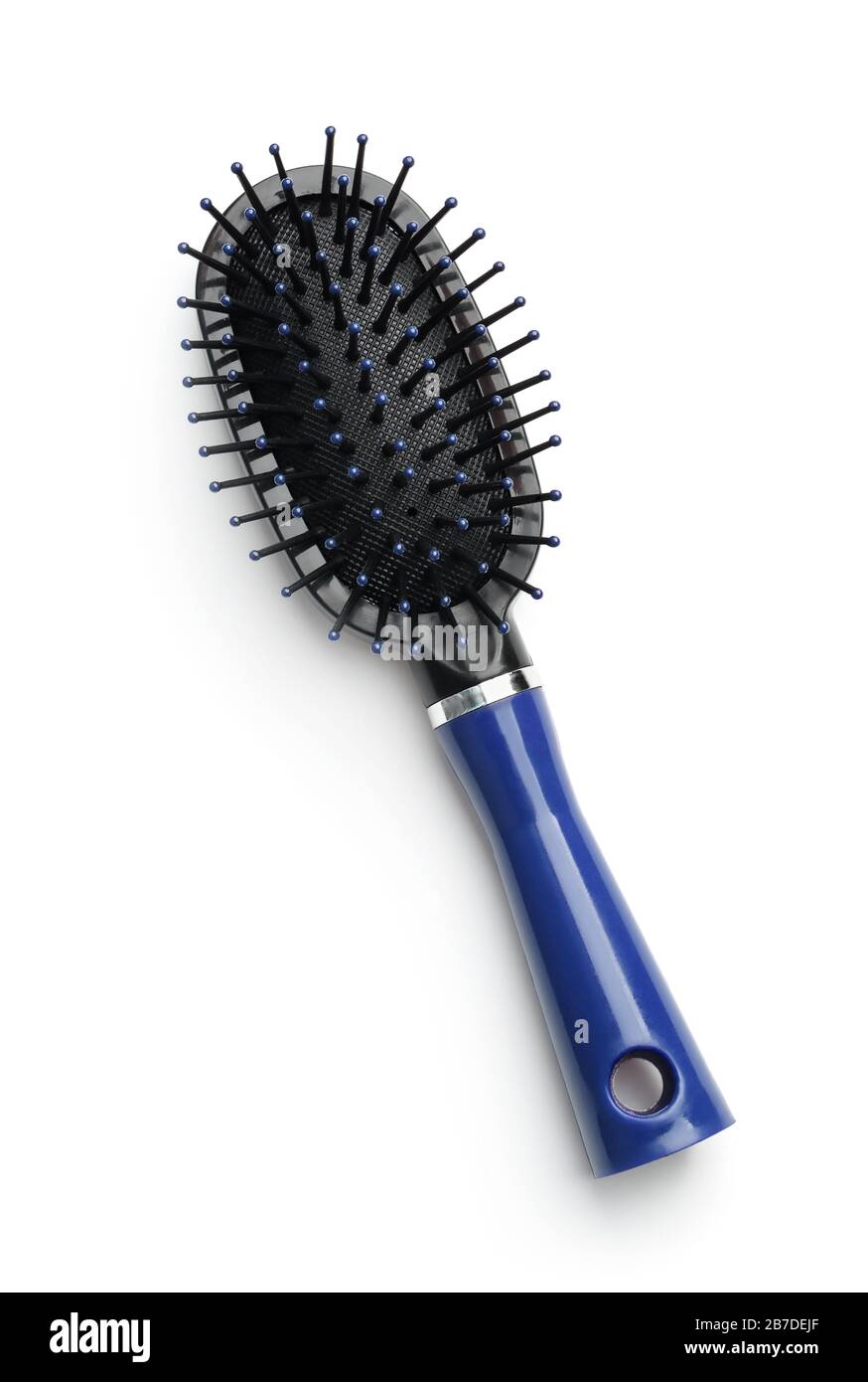 Draufsicht der Kunststoff-Haarbürste isoliert auf weiß Stockfoto