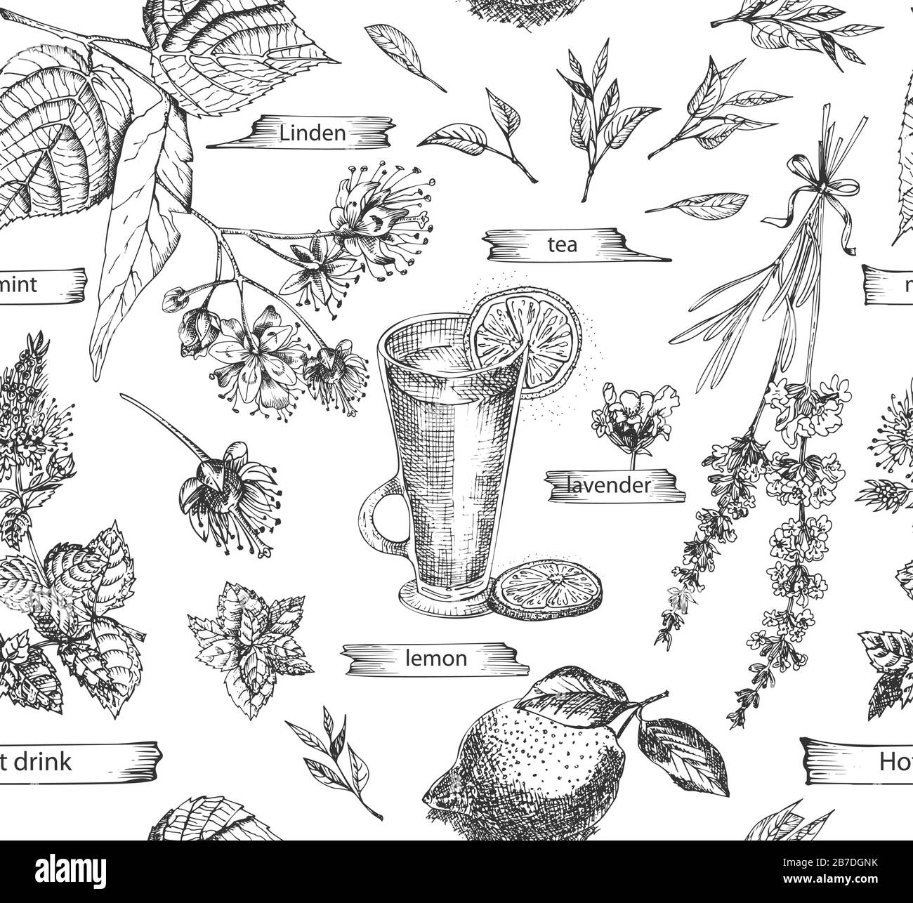 Nahtloses Muster mit von der Hand gezeichneter Vintage-Skizze heiße, auf weißem Hintergrund isolierte Drinkelemente. Sternanis, Zimt, Lavendel, Rosmarin, Zitrone Stock Vektor