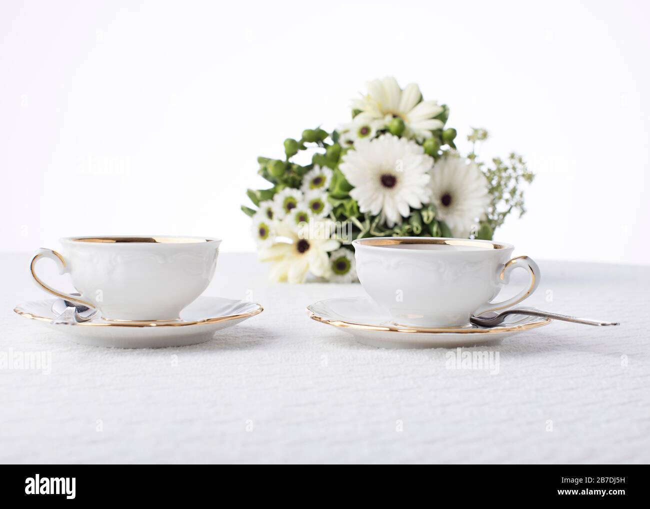 Frische weiße Gänseblümchen und grüne Blätter schmücken den Tisch für Teezeit mit antiken Tassen und Untertöpfen auf weißem Hintergrund mit Raum Stockfoto