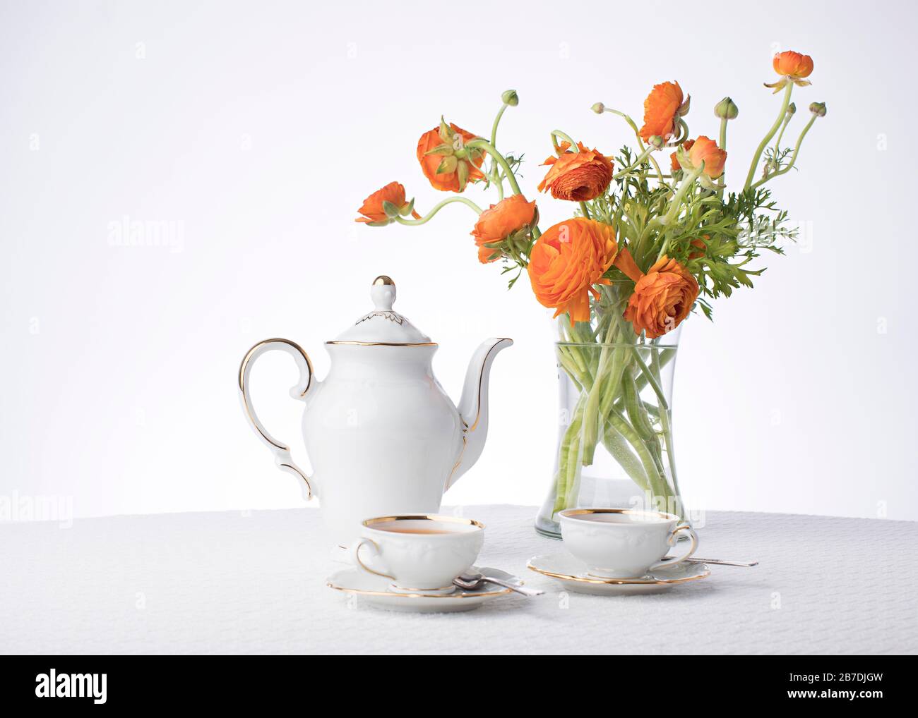 Sauberes, klares Weiß mit goldenem Metallic-Besatz zeigt Tee für zwei Personen mit frischen orangefarbenen Blumen in einer hohen klaren Vase auf weißem Studiohintergrund Stockfoto