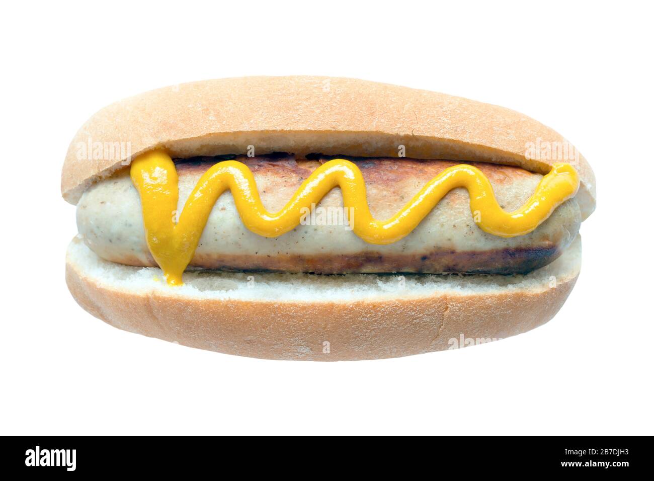 Hotdog mit Senf in einem Bun auf einem isolierten weißen Hintergrund mit einem Beschneidungspfad Stockfoto