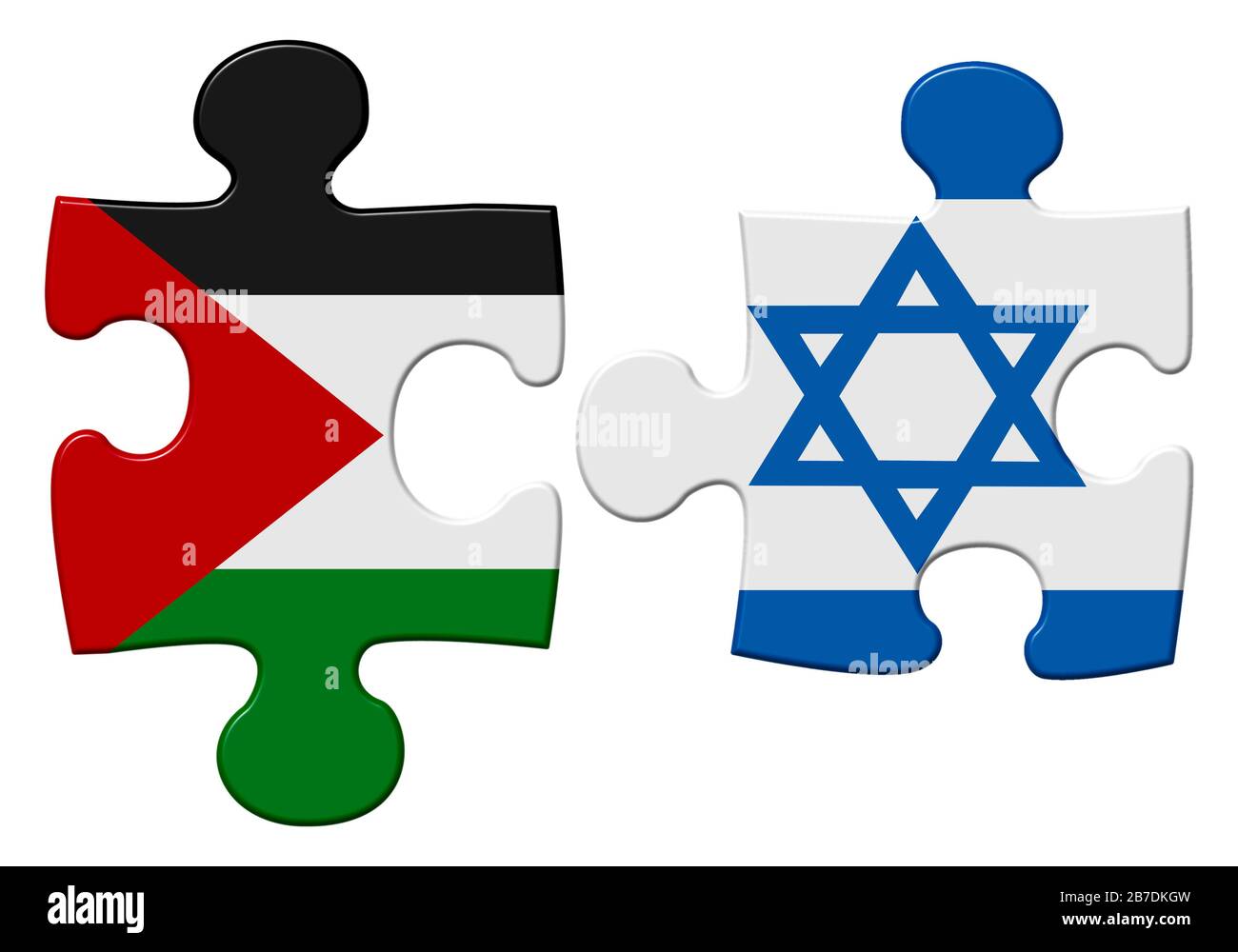 Israel und Palästina rätseln sich mit den Teilen, die auf einem isolierten weißen Hintergrund mit einem Beschneidungspfad getrennt sind Stockfoto