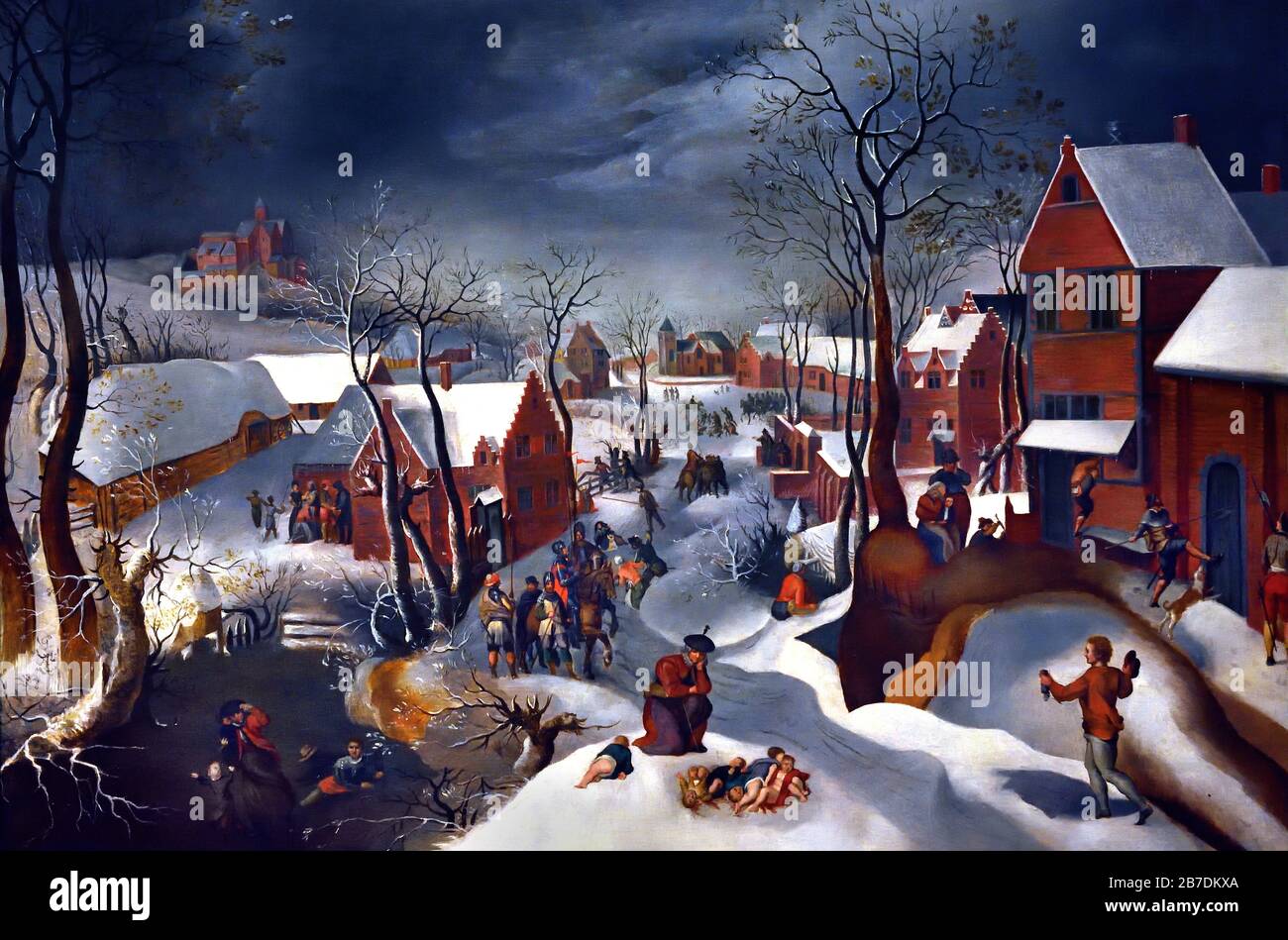 Landschaft mit Massaker an den Unschuldigen 1575-1580 von Jacob Grimmer 1525-1592 und Gillis Mostaert 1528-1598 flämische Maler 16.-17. Jahrhundert, Belgier, Belgien. Stockfoto