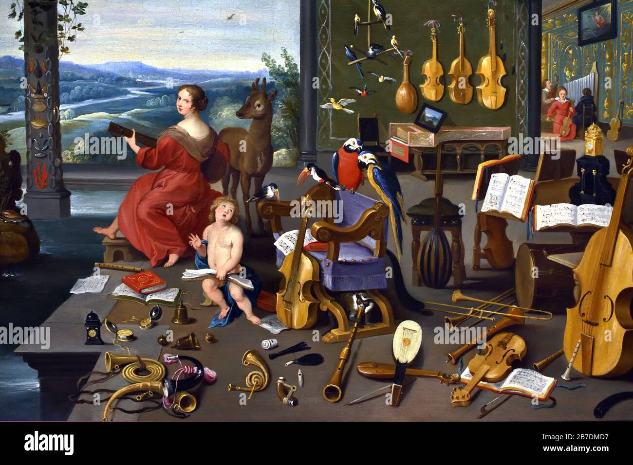 Allegorie der Musik, 1645-1650 von Jan Breughel, dem Jüngeren 1601-1678 Familie Brueghel ( Bruegel oder Breughel ), flämische Maler 16.-17. Jahrhundert, Belgier, Belgien. Stockfoto