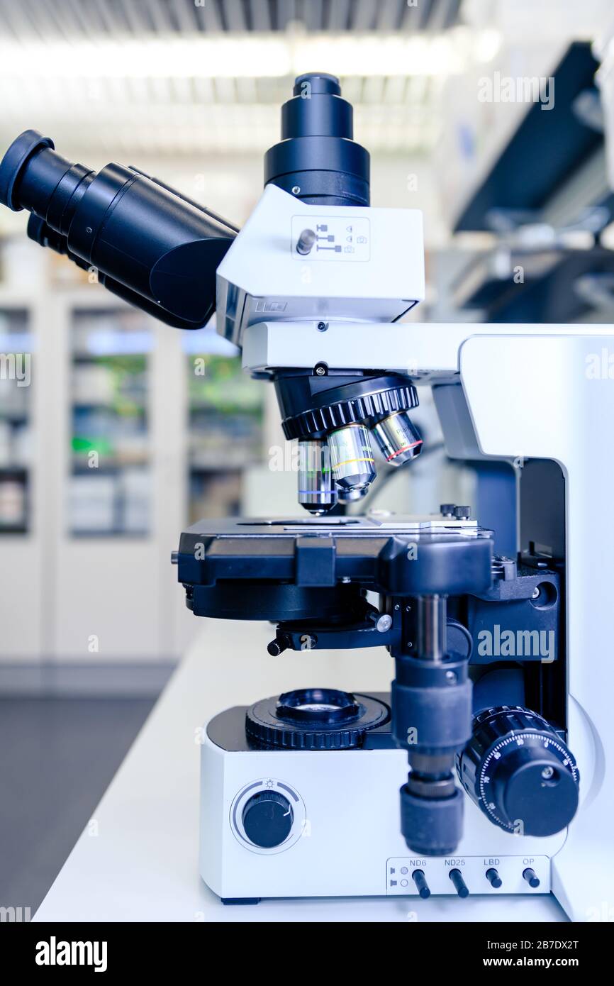 Lichtmikroskop für die pharmazeutische Biowissenschaftforschung. Konzept der Wissenschaft, des Labors und der Erforschung von Krankheiten. Stockfoto