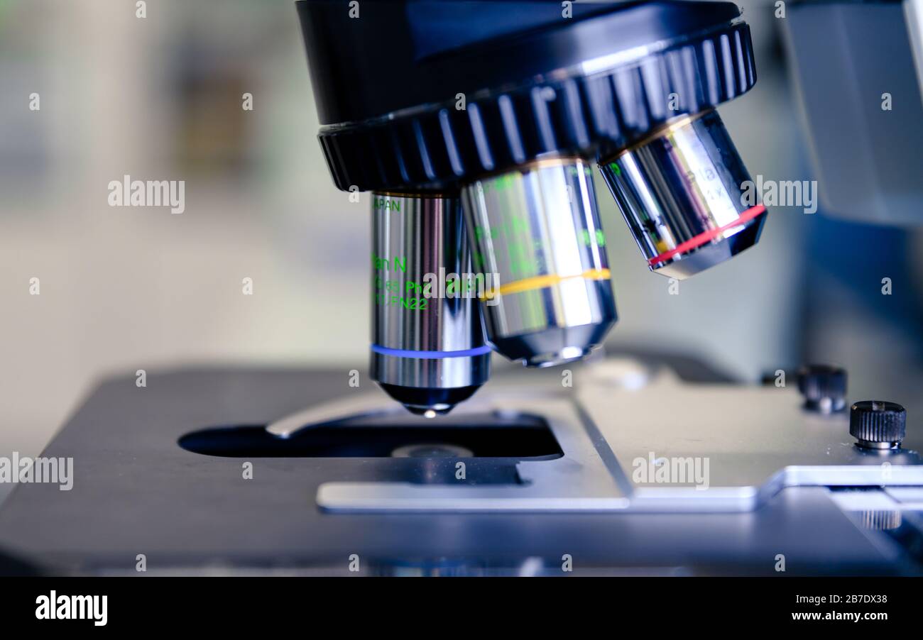 Ein Nahlichtmikroskop für die pharmazeutische Biowissenschaftforschung. Konzept der Wissenschaft, des Labors und der Erforschung von Krankheiten. Stockfoto