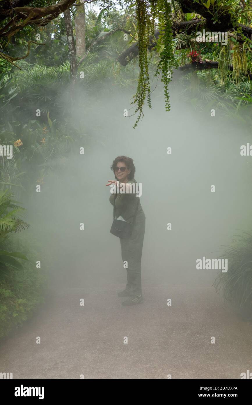 Frau in einem Nebelgarten des nationalen Orchideengartens in Singapur gesehen. Stockfoto