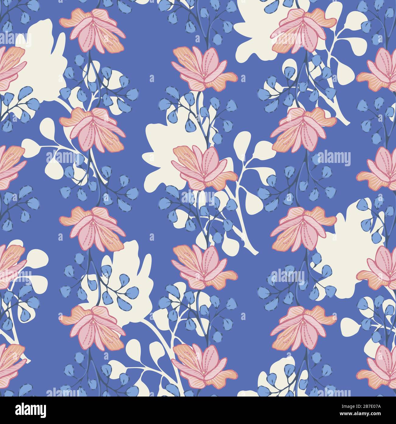 Rosa Blumenmuster mit nahtlosem Vektormuster auf Blau Stock Vektor