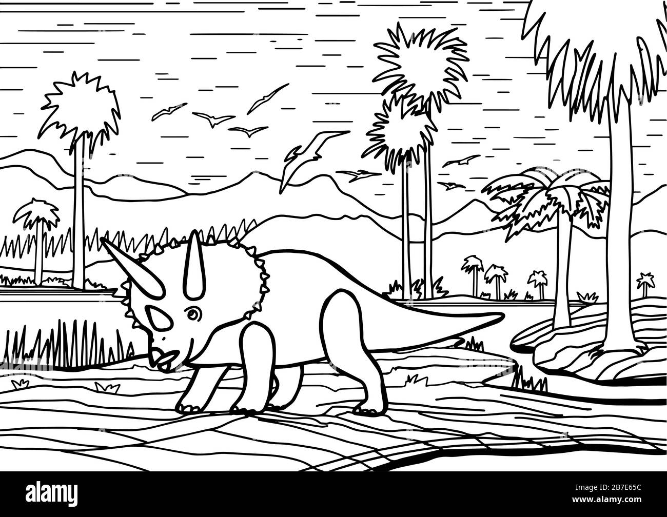 Dinosaurier Triceratops Malbuch für Kinder und Erwachsene. Stylische, handgezeichnete Antistress-Farbseite. Vector Outline T Rex Illustration. Stock Vektor