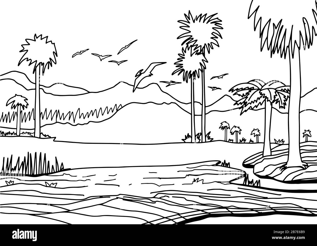 Berglandschaft. Dinosaurier-Malbuch für Kinder und Erwachsene. Stylische, handgezeichnete Antistress-Farbseite. Abbildung der Vektorkonturen. Stock Vektor