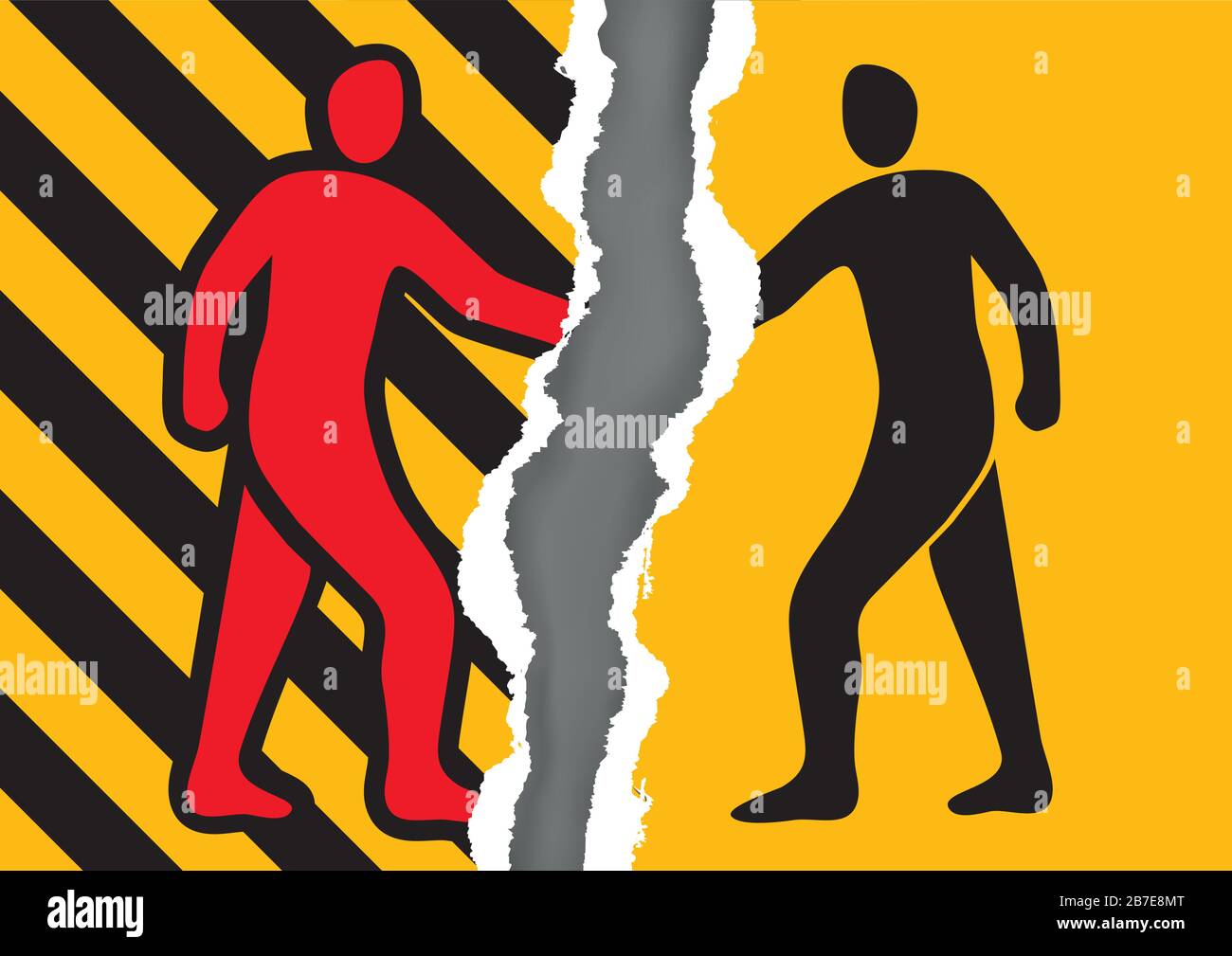 Kein Handshake, Risiko der Virusübertragung. Gerissene gelbe Papiersorte mit zwei männlichen Silhouetten schütteln bei einem Treffen. Risiko von persönlichen Kontakten und Berührungen. Stock Vektor