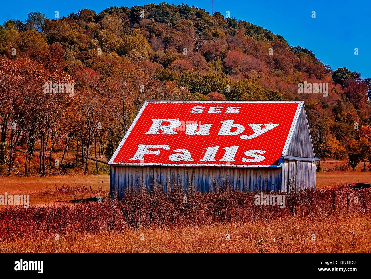 Eine Scheune ist mit einem Schild "See Ruby Falls", 7. Oktober 2010, auf der I-24 in Wartrace, Tennessee, bemalt. Stockfoto