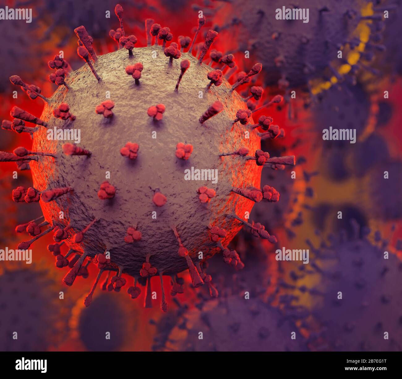 Coronavirus, COVID-19, künstlerische Darstellung. Corona Viruspartikel konzeptionelle 3D-Abbildung. Verbreitung von Viren, Epidemien und Pandemiekonzepten. Stockfoto