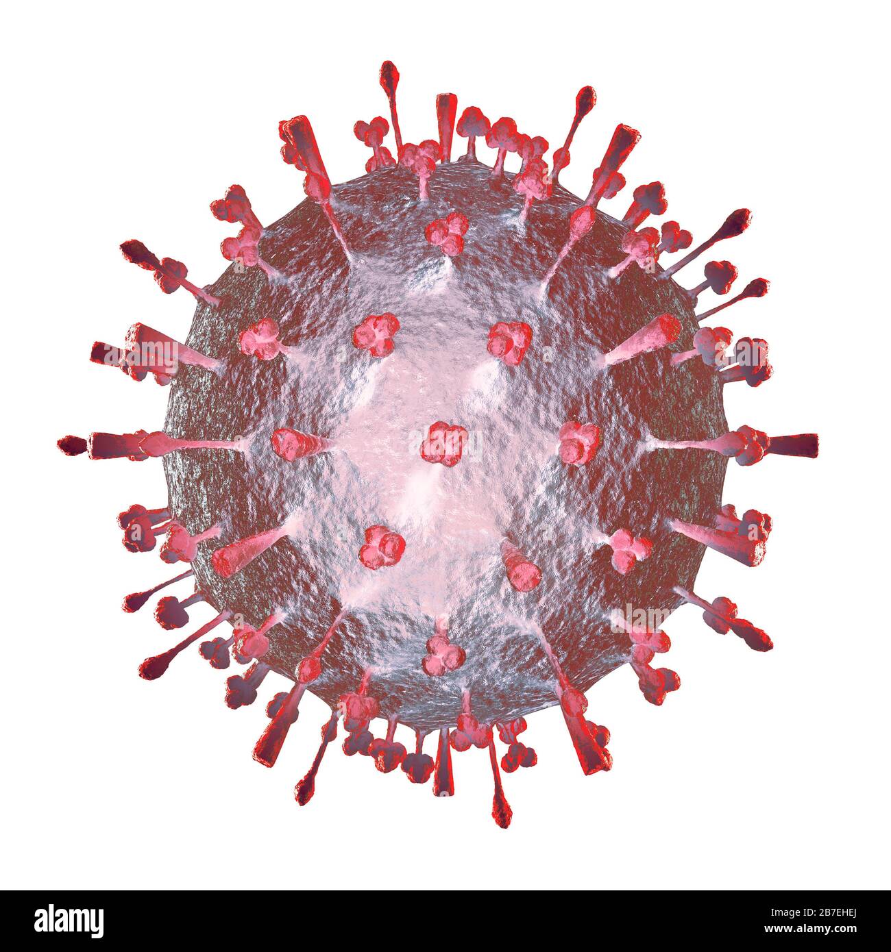 Coronavirus, COVID-19, künstlerische Darstellung. Corona-Viruspartikel-3D-Darstellung isoliert auf weißem Hintergrund. Stockfoto