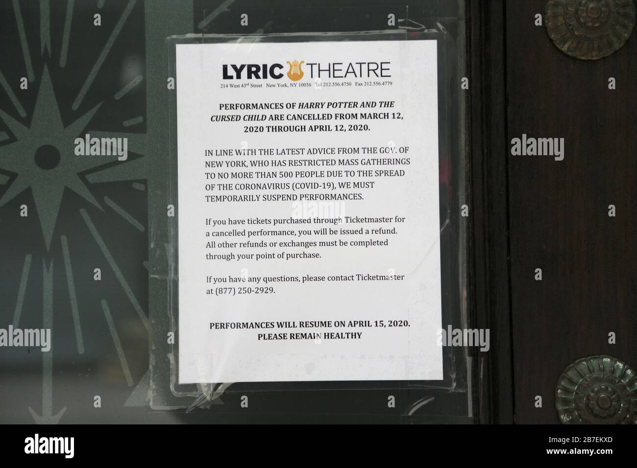 Das "Sign-Lyric-Theater", Harry Potter, wurde wegen der Stornierung von Broadway-Shows bis zum 13. April geschlossen, nachdem Coronavirus, New York City, am 15. März 2020, in Folge war Stockfoto