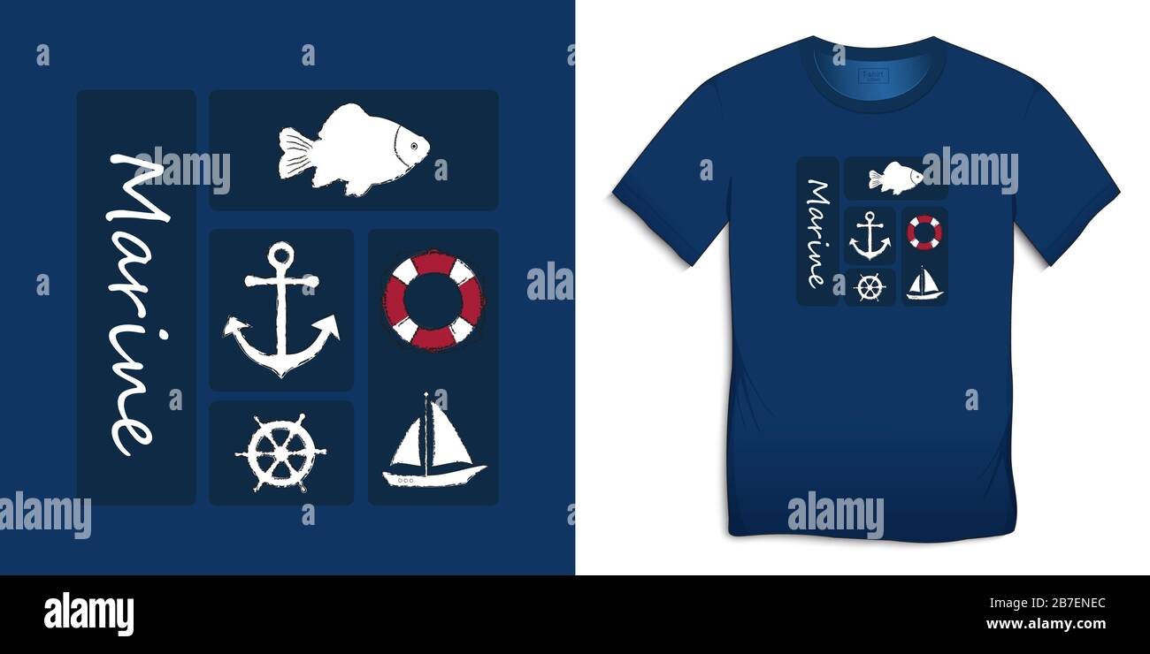 Drucken auf T-Shirt Grafikdesign, blaue nautische Ikonen Sammlungen Anker, Fischkarpfen, Segelboot, Ruder, Rettungswagen, isoliert auf Hintergrundvektor Stock Vektor
