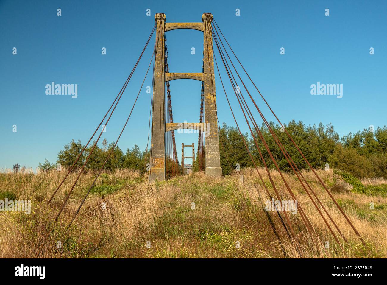Die verlassene und überwachsene Opiki Mautbrücke aus der Flachsindustrie des 19. Jahrhunderts am Manawatu Fluss, in der Nähe von Palmerston North, Neuseeland. Stockfoto