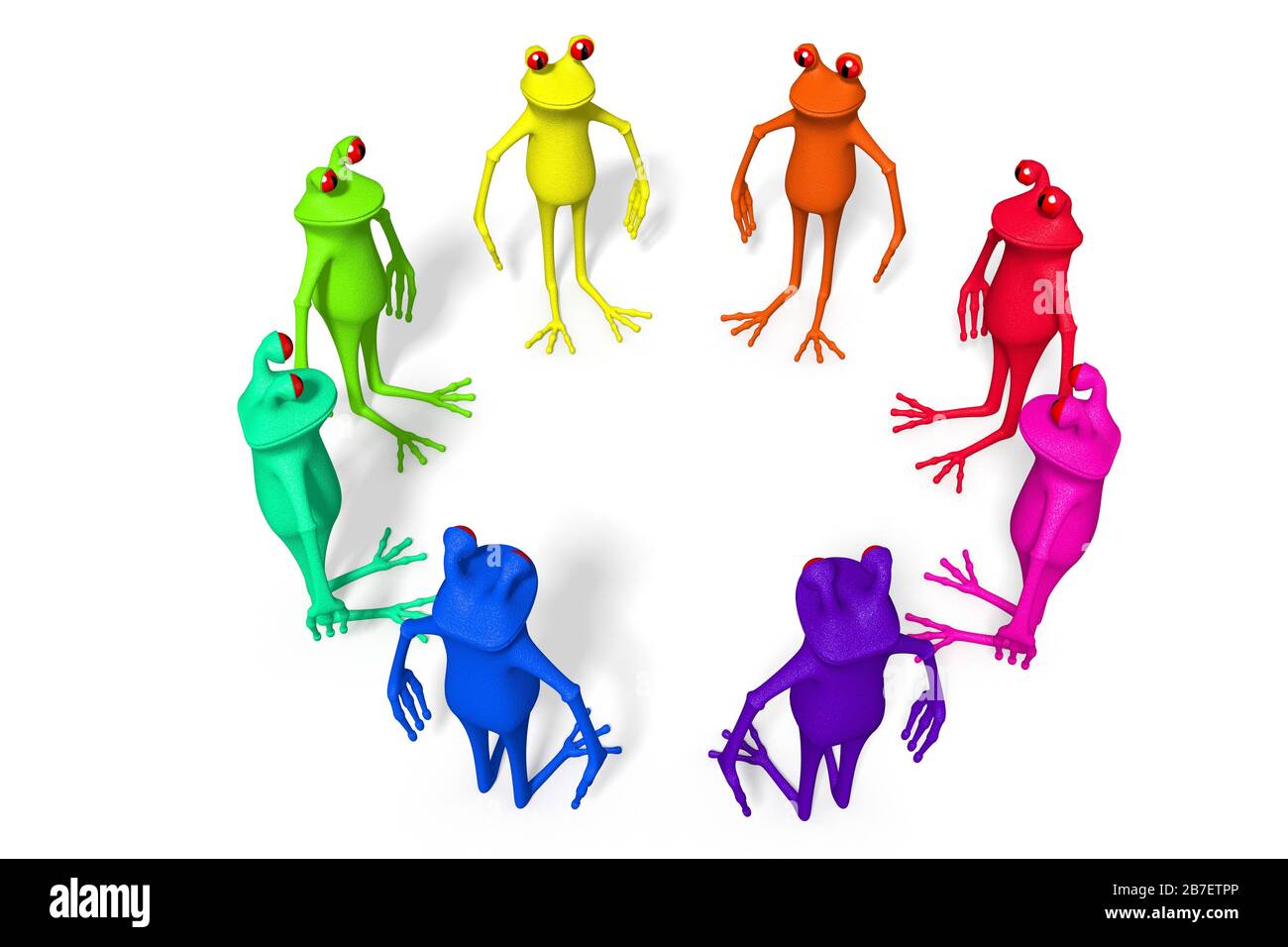 3D Cartoon Frogs - Teamwork-Konzept. Stockfoto