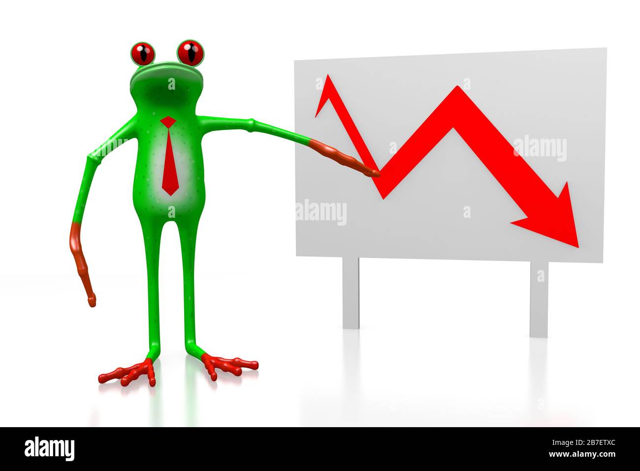 3D-Frosch und Diagramm mit Pfeil nach unten - ideal für Themen wie Rezession, Einbruch, Krise usw. Stockfoto