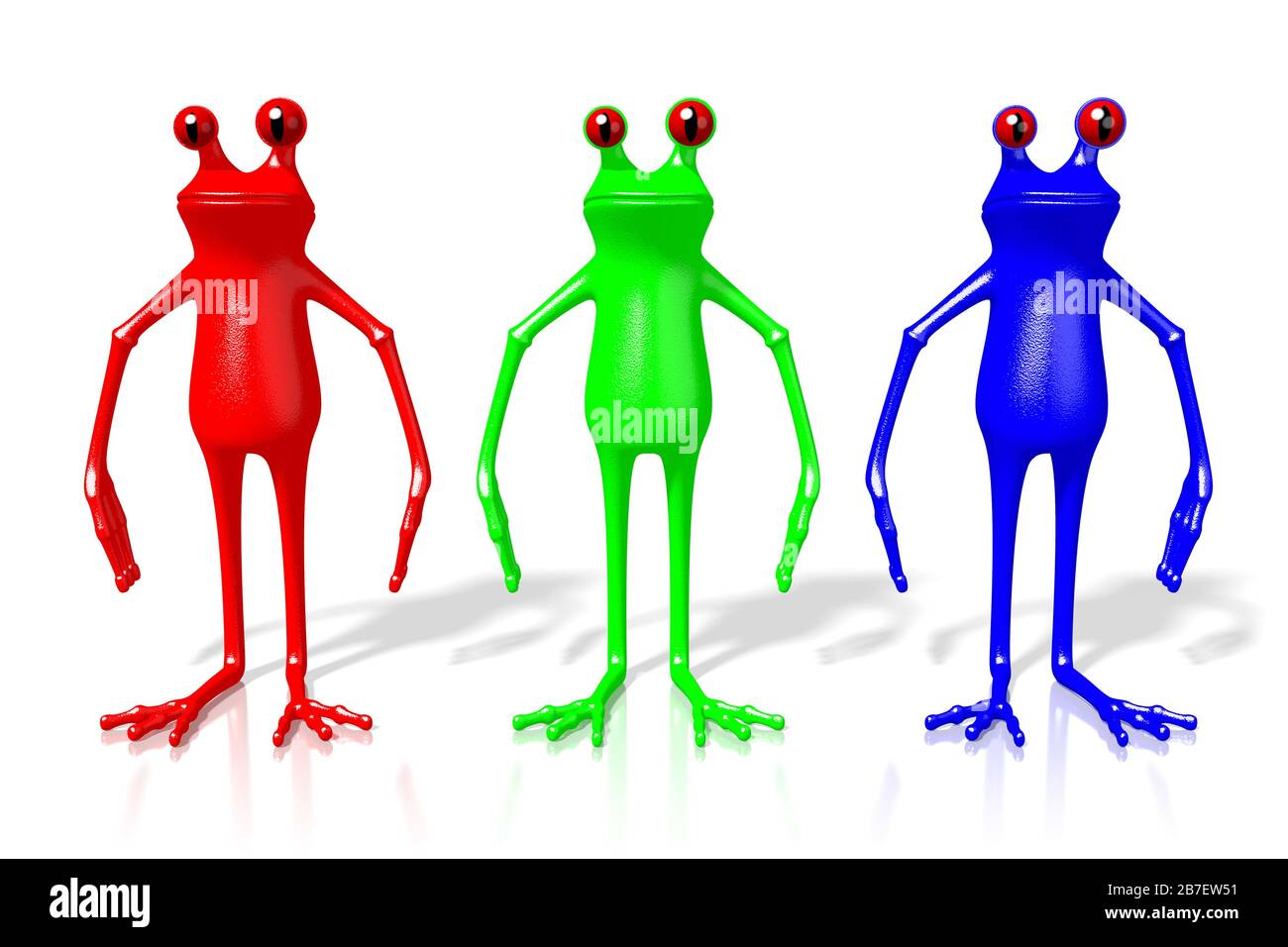 3D-Cartoon-Frösche in RGB - Rot, Grün, Blau. Stockfoto