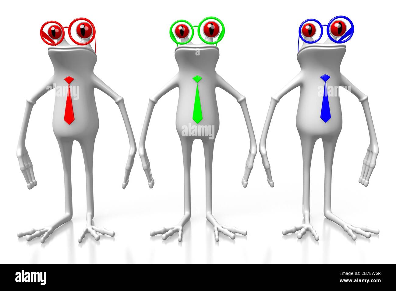 3D-Cartoon-Frösche, die Krawatten in RGB tragen - rot, grün, blau. Stockfoto