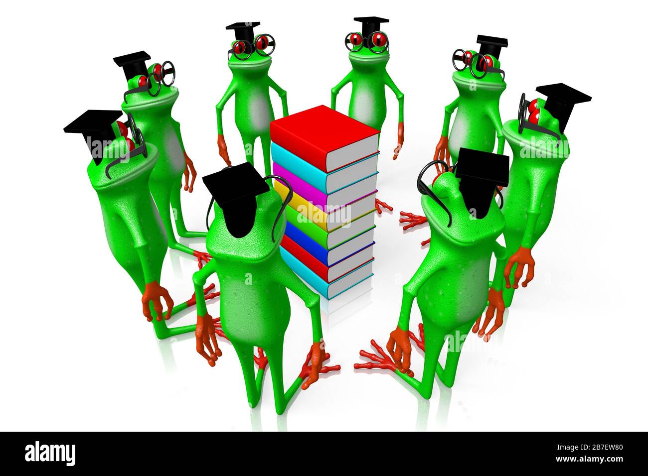 3D-Cartoon-Frösche und -Bücher - ideal für Themen wie Bildung, Lesen, Student, Bibliothek, Wissen usw. Stockfoto